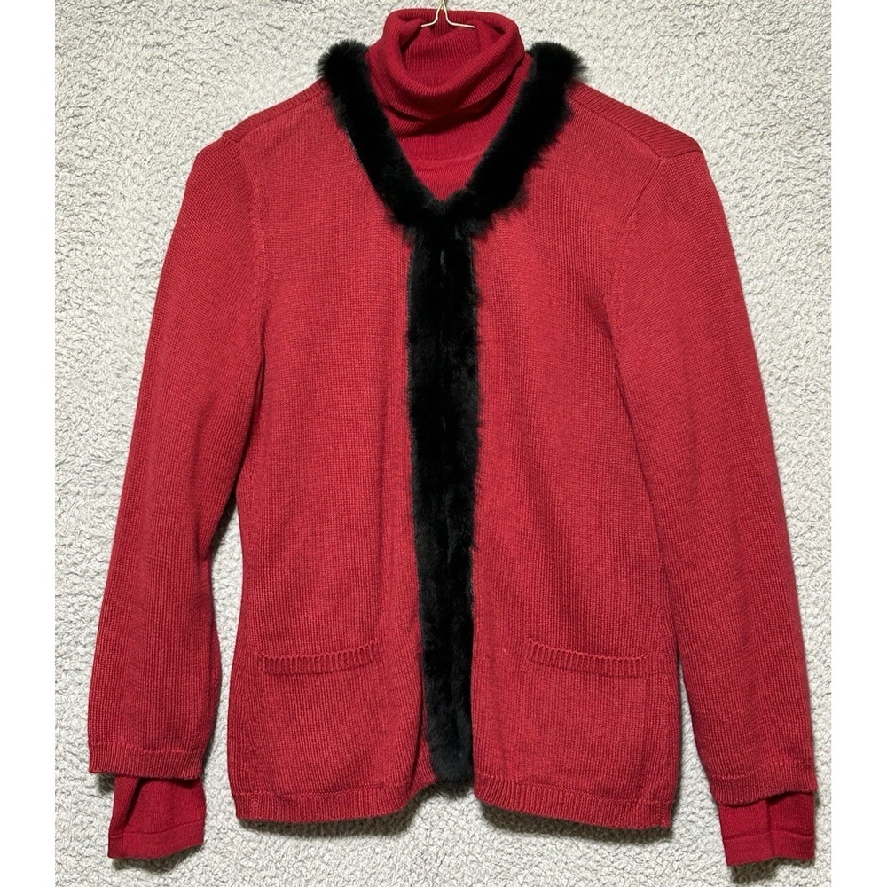 Harold's Cashmere Cotton Cardigan Rabbit Fur & Merino Wool Turtleneck Womens M